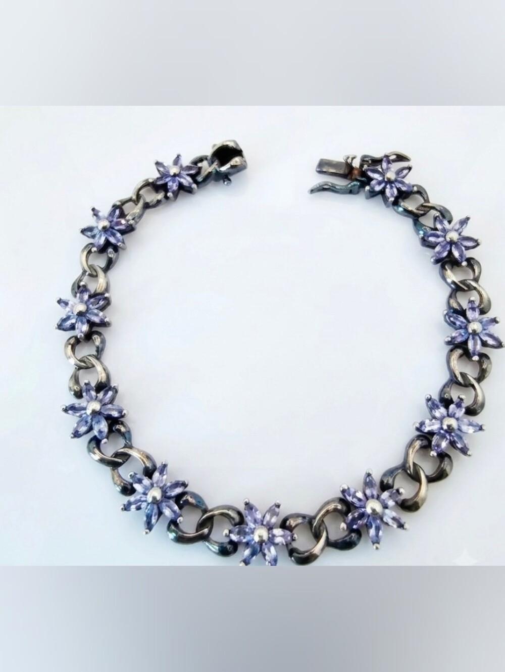 Vintage Estate Floral Tanzanite Darkened Sterling Silver Rhodium Bracelet 7.5"